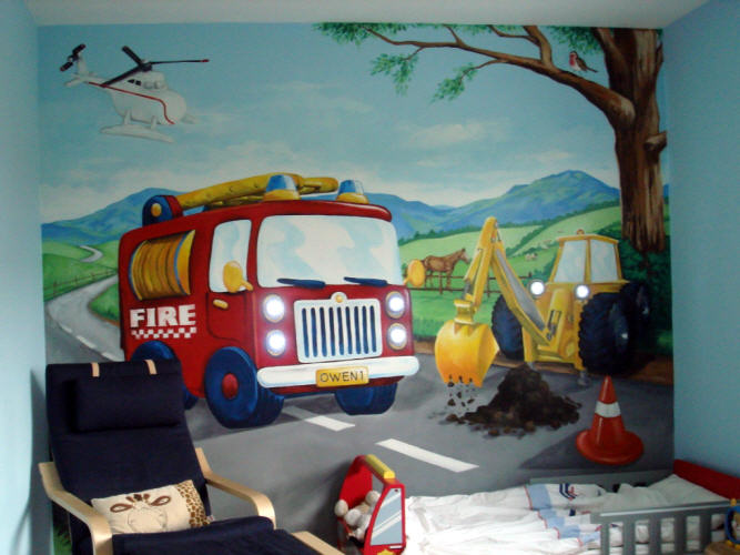 fire engines lorries mural