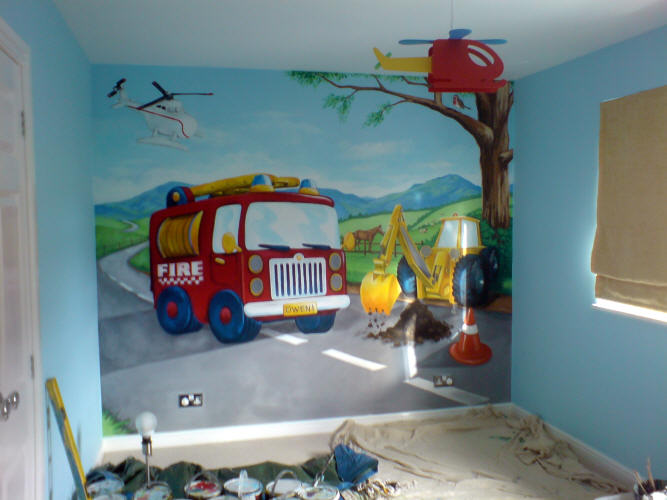 fire engines lorries mural